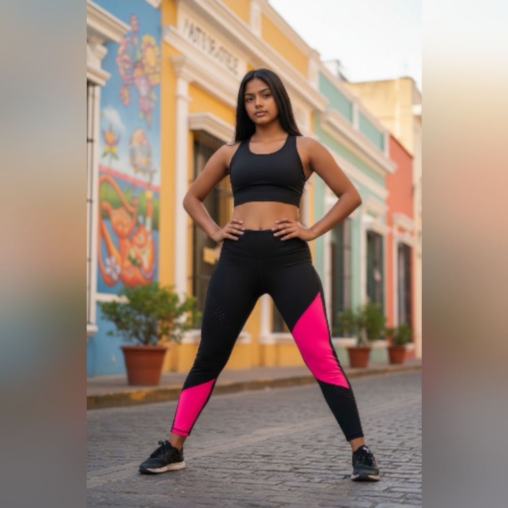Xersion performance fit leggings black and hot pink colorblock mesh detailing M